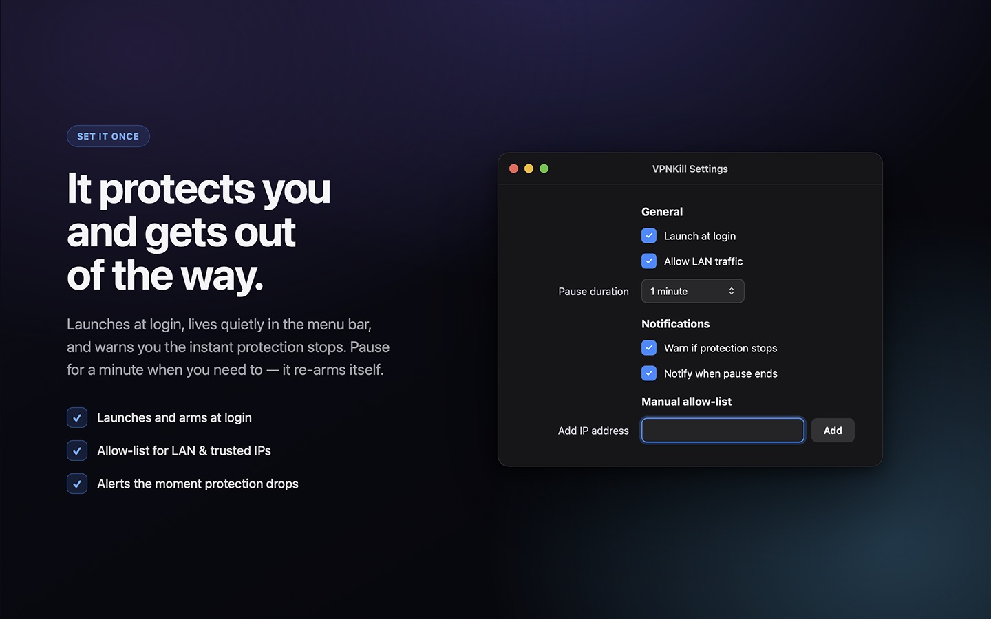 VPNKill Settings: launch at login, allow LAN traffic, pause duration, notifications, and a manual allow-list.